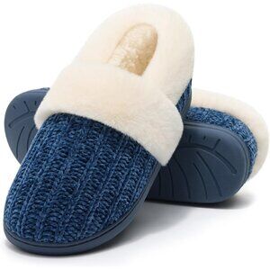 ⚡Women's Blue Fuzzy Memory Foam Slippers Closed Back Knit Slip-On House Shoes